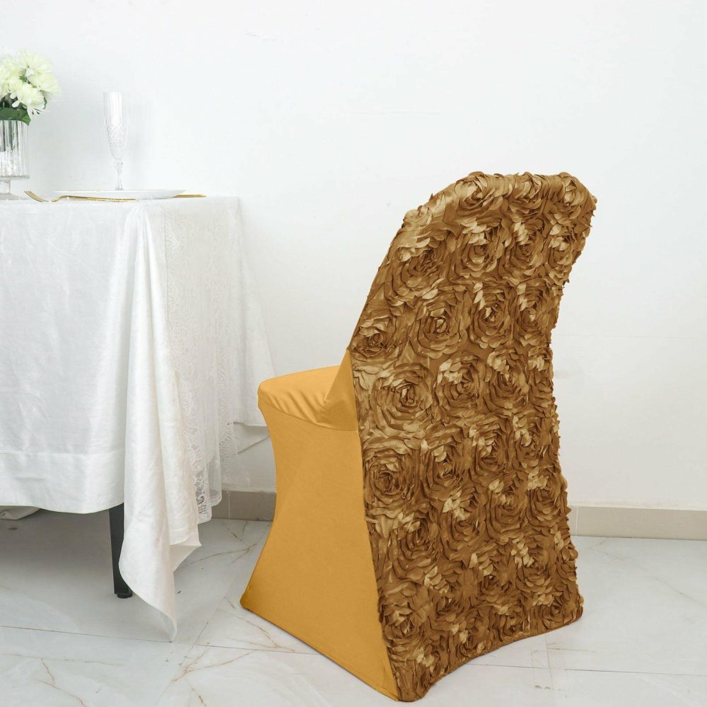 Gold Satin Rosette Spandex Stretch Fitted Folding Chair Cover  |   Spandex Fitted Folding Chair Covers Gold