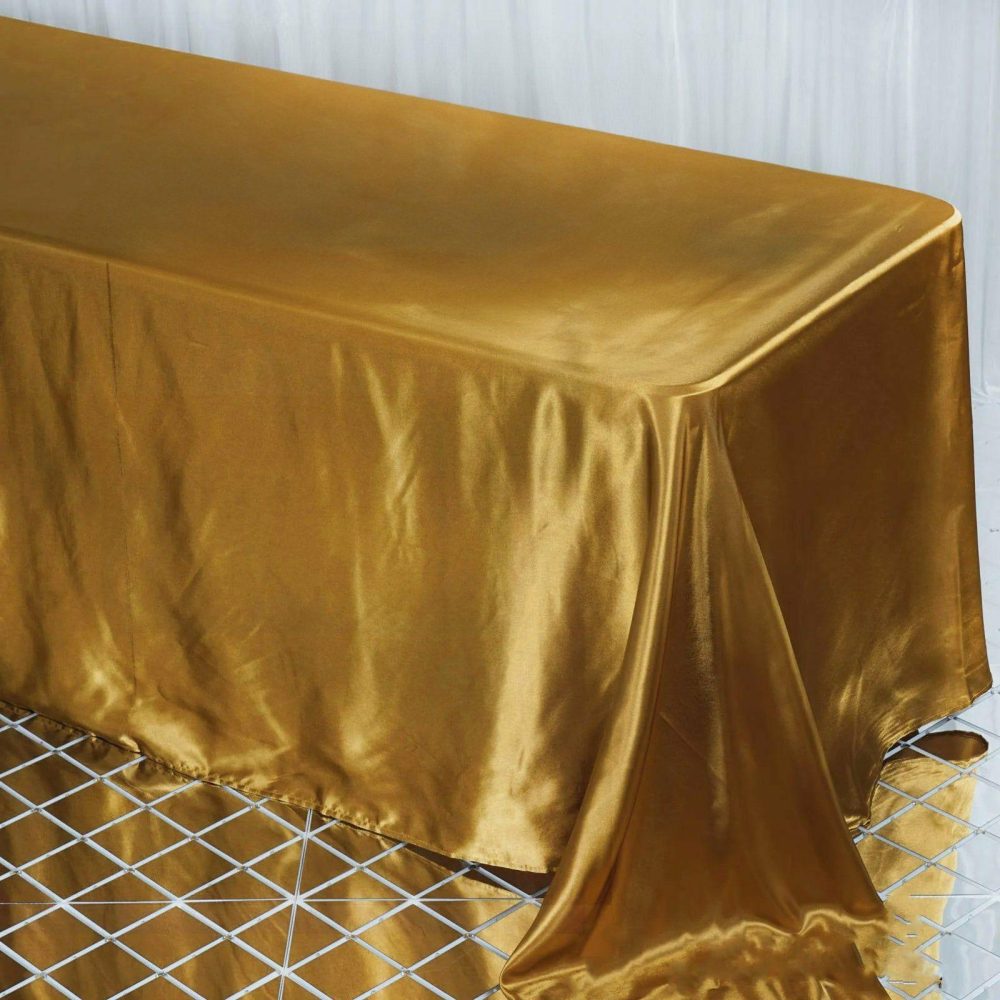 Gold Satin Seamless Rectangular Tablecloth 90″x132″ for 6 Foot Table With Floor-Length Drop  |   Satin Satin Gold