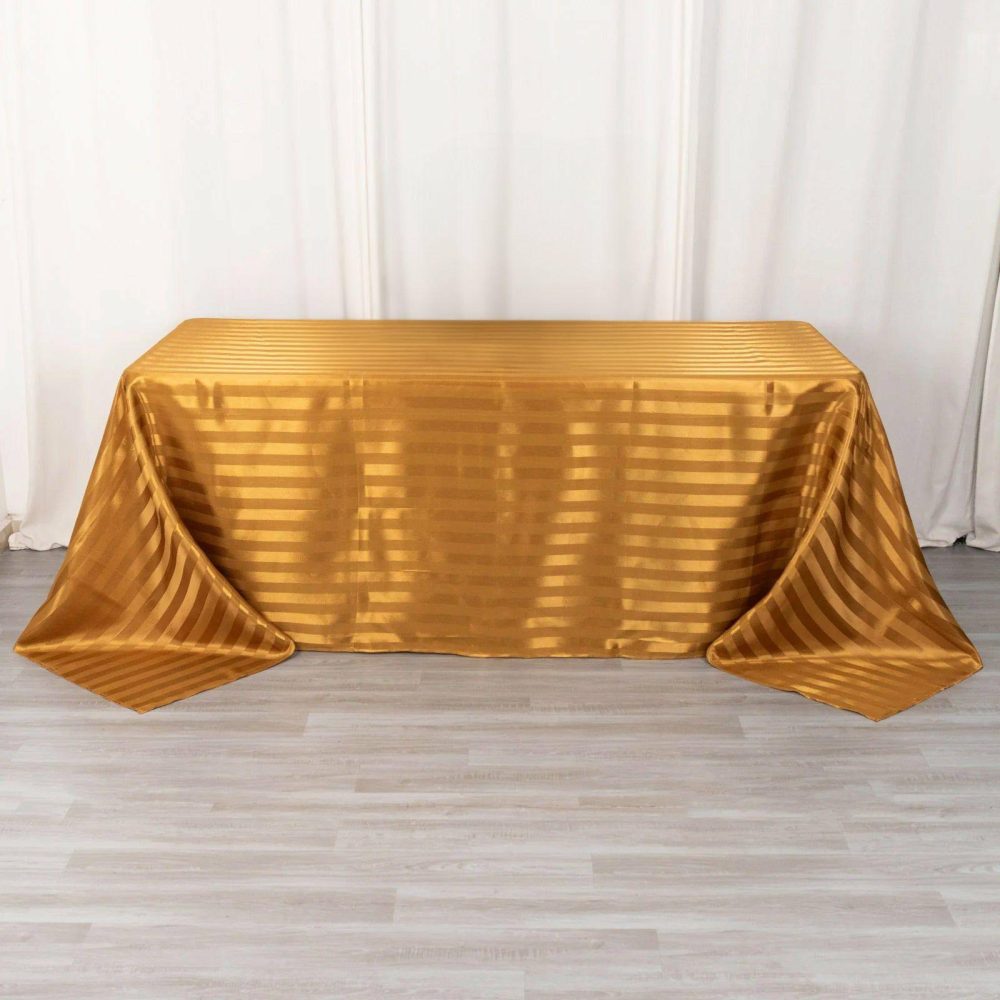 Gold Satin Stripe Seamless Rectangular Tablecloth 90″x132″ for 6 Foot Table With Floor-Length Drop  |   Satin Satin Gold