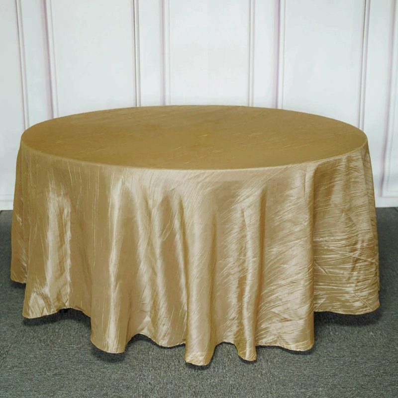 Gold Seamless Accordion Crinkle Taffeta Round Tablecloth 120″ for 5 Foot Table With Floor-Length Drop  |   Pintuck, Crinkle & Leaf Pintuck, Crinkle & Leaf Gold