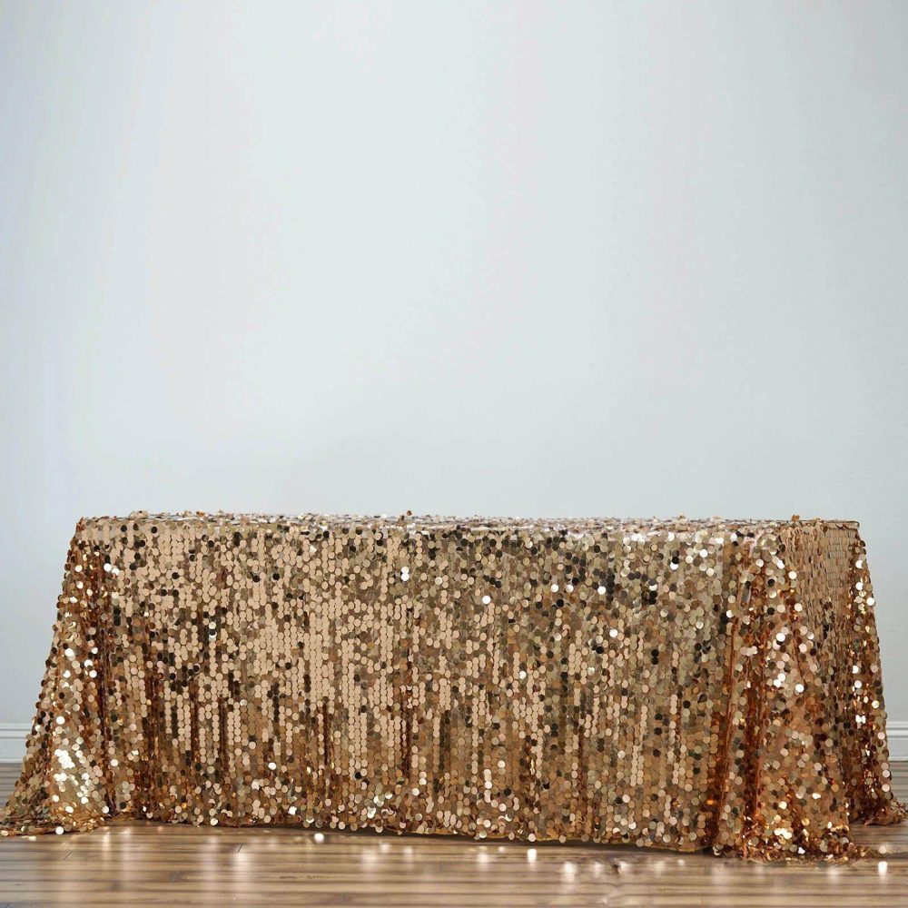 Gold Seamless Big Payette Sequin Rectangle Tablecloth Premium 90″x132″ for 6 Foot Table With Floor-Length Drop  |   Sequin Sequin Gold