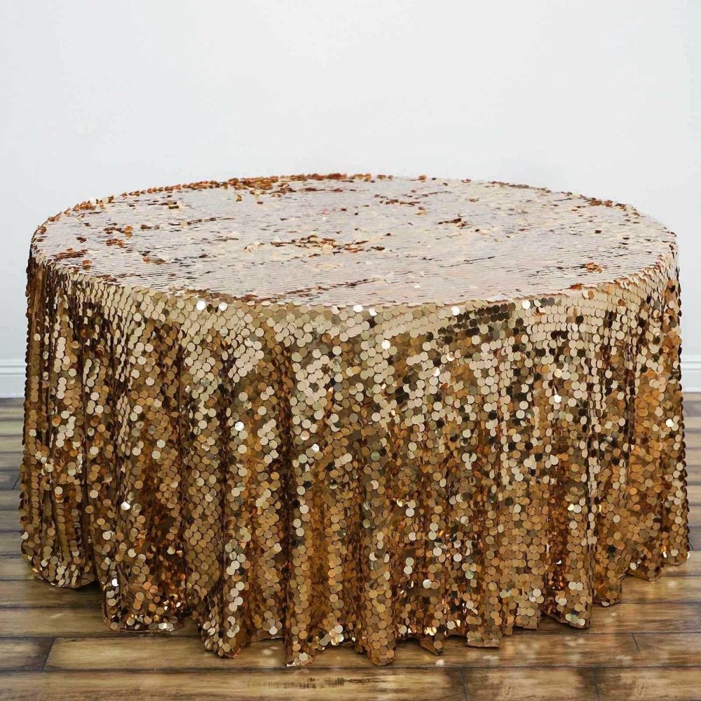 Gold Seamless Big Payette Sequin Round Tablecloth Premium Collection 120″ for 5 Foot Table With Floor-Length Drop  |   Sequin Sequin Gold