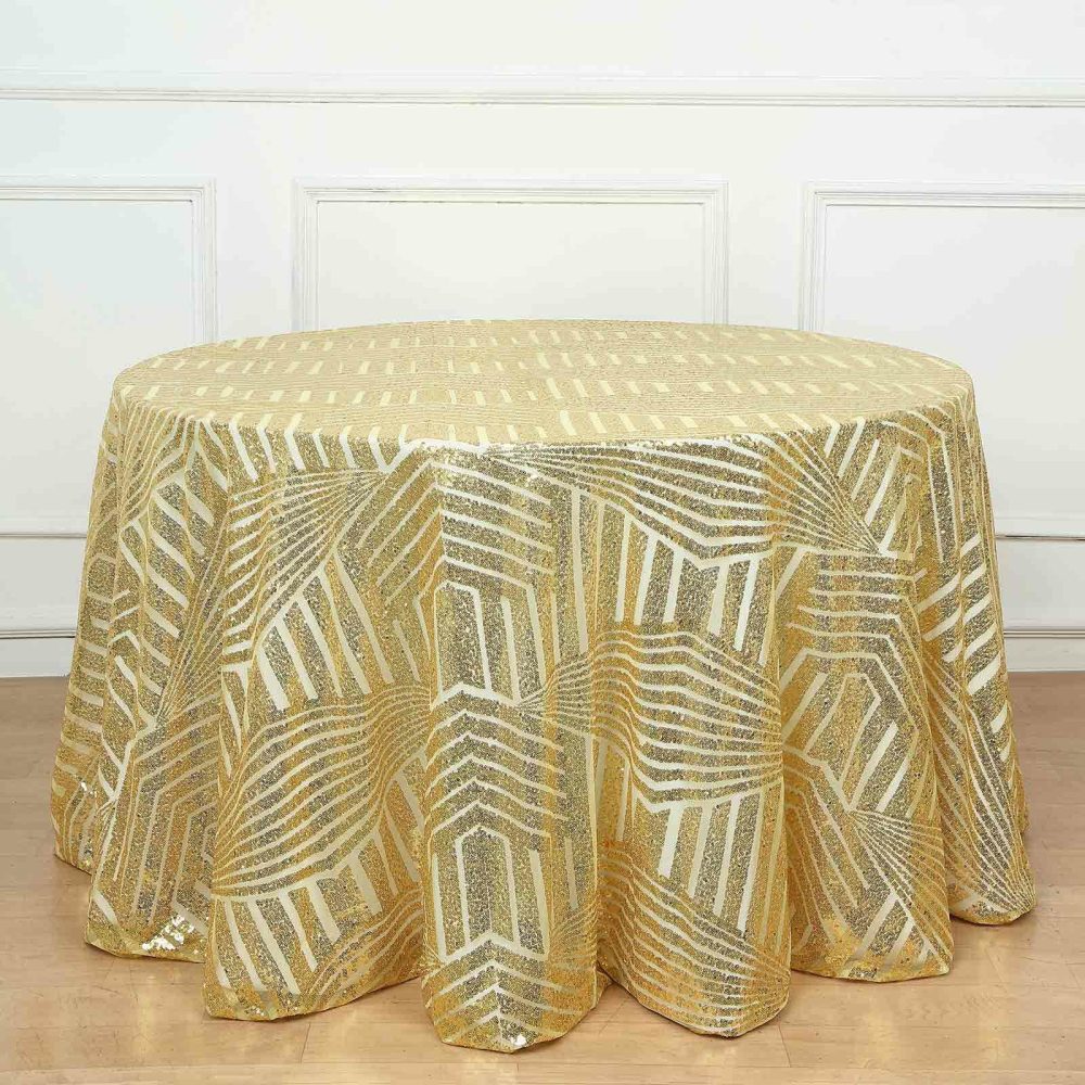 Gold Seamless Diamond Glitz Sequin Round Tablecloth 120″ for 5 Foot Table With Floor-Length Drop  |   Sequin Sequin Gold