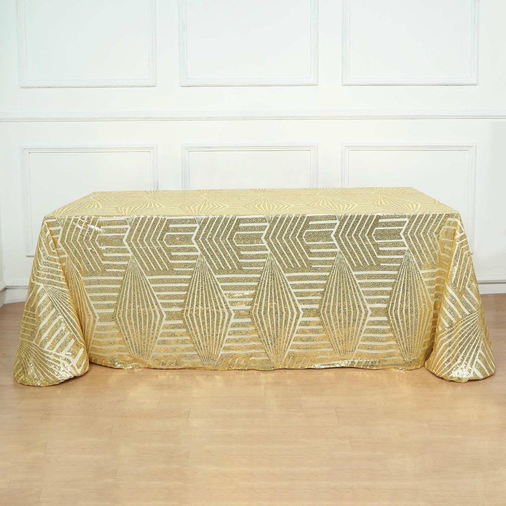 Gold Seamless Diamond Sequin Rectangular Tablecloth 90″x132″ for 6 Foot Table With Floor-Length Drop  |   Sequin Sequin Gold