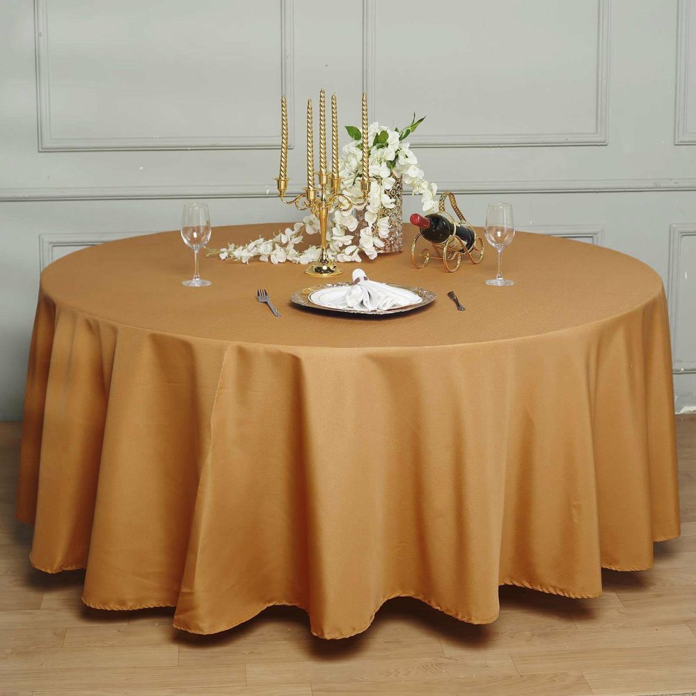 Gold Seamless Polyester Round Tablecloth 120″ for 5 Foot Table With Floor-Length Drop  |   Polyester Polyester Gold