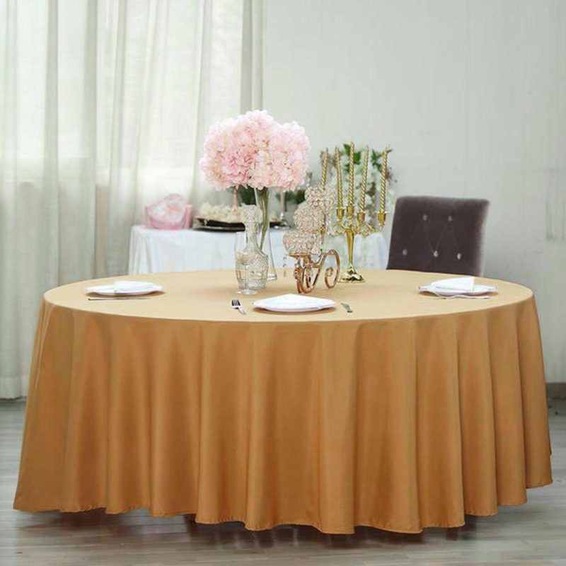 Gold Seamless Polyester Round Tablecloth 120″ for 5 Foot Table With Floor-Length Drop  |   Polyester Polyester Gold