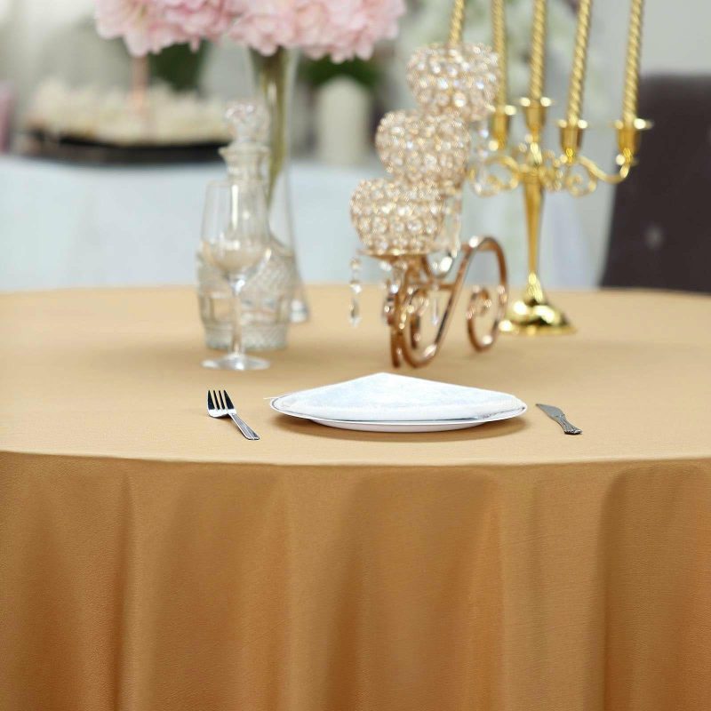 Gold Seamless Polyester Round Tablecloth 120″ for 5 Foot Table With Floor-Length Drop  |   Polyester Polyester Gold