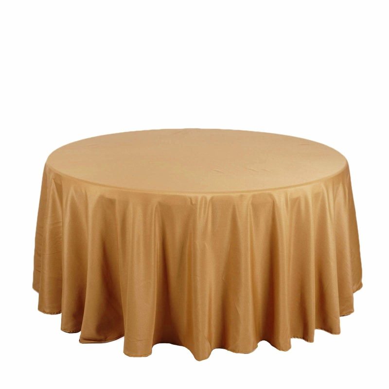 Gold Seamless Polyester Round Tablecloth 120″ for 5 Foot Table With Floor-Length Drop  |   Polyester Polyester Gold