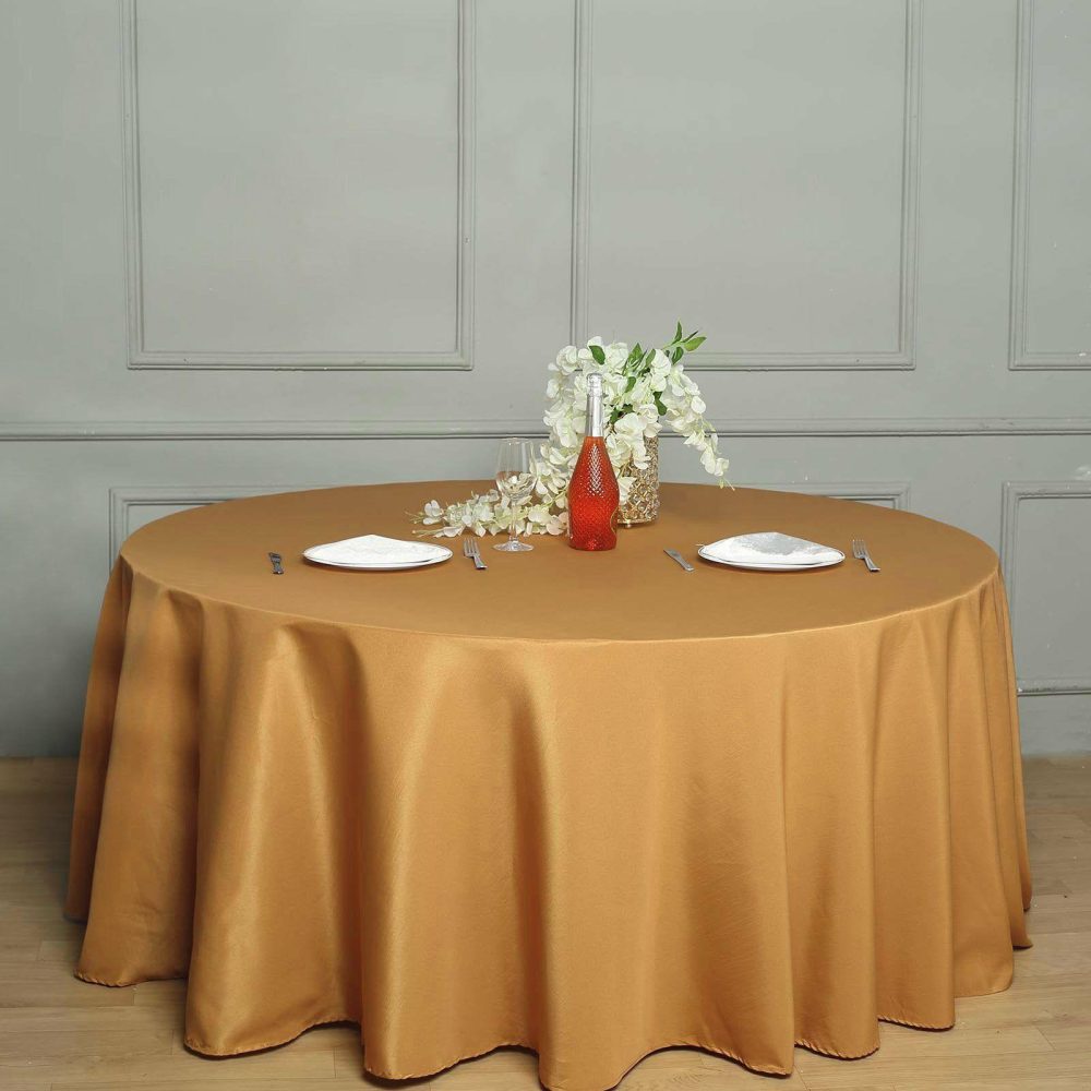 Gold Seamless Polyester Round Tablecloth 132″ for 6 Foot Table With Floor-Length Drop  |   Polyester Polyester Gold