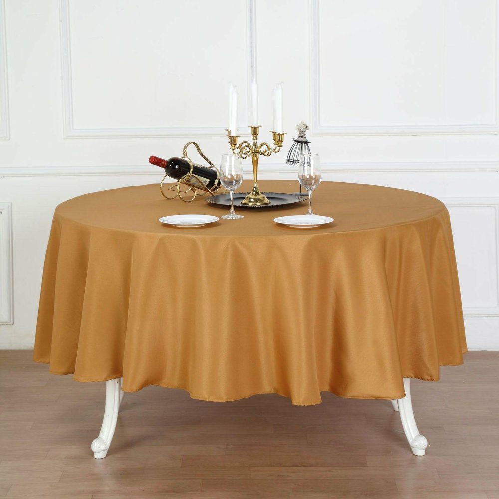 Gold Seamless Polyester Round Tablecloth 90″  |   Polyester Polyester Gold