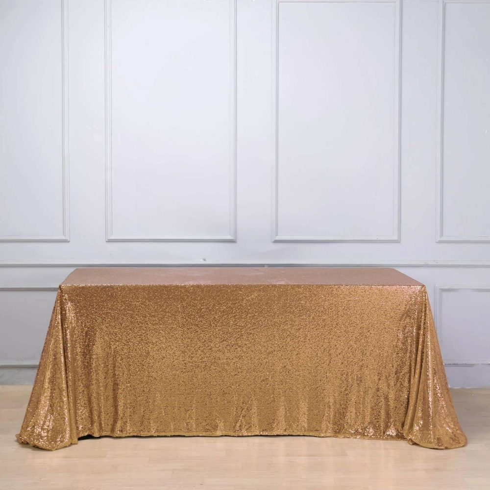 Gold Seamless Premium Sequin Rectangle Tablecloth 90×156″ for 8 Foot Table With Floor-Length Drop  |   Sequin Sequin Gold