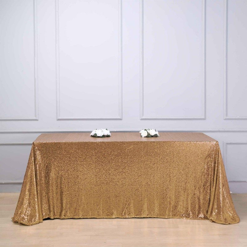 Gold Seamless Premium Sequin Rectangle Tablecloth 90×156″ for 8 Foot Table With Floor-Length Drop  |   Sequin Sequin Gold