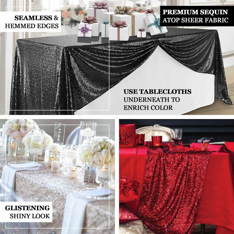 Gold Seamless Premium Sequin Rectangle Tablecloth 90×156″ for 8 Foot Table With Floor-Length Drop  |   Sequin Sequin Gold