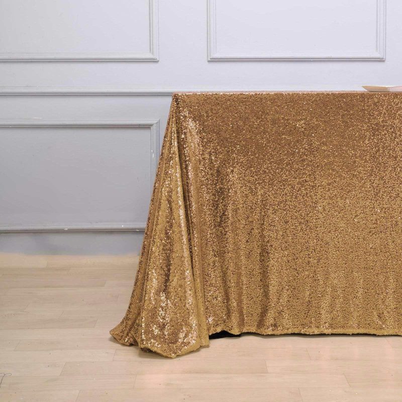 Gold Seamless Premium Sequin Rectangle Tablecloth 90×156″ for 8 Foot Table With Floor-Length Drop  |   Sequin Sequin Gold