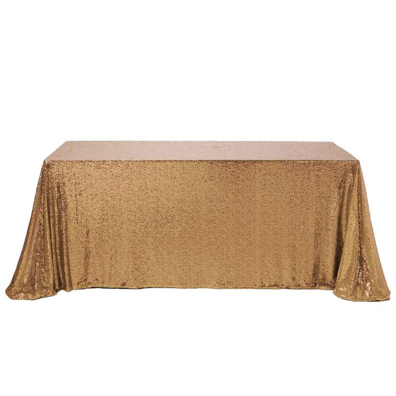 Gold Seamless Premium Sequin Rectangle Tablecloth 90×156″ for 8 Foot Table With Floor-Length Drop  |   Sequin Sequin Gold