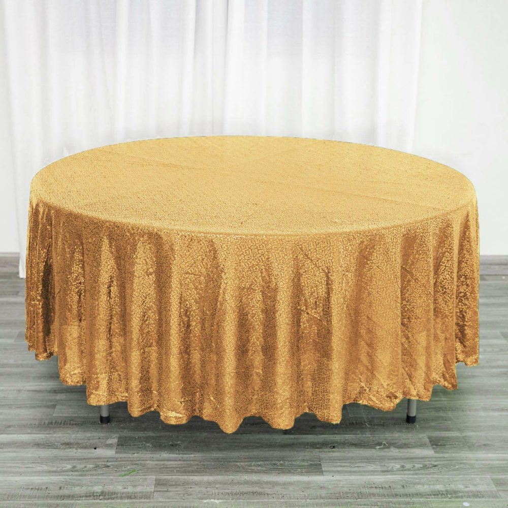 Gold Seamless Premium Sequin Round Tablecloth 108″  |   Sequin Sequin Gold