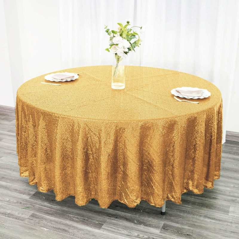 Gold Seamless Premium Sequin Round Tablecloth 108″  |   Sequin Sequin Gold