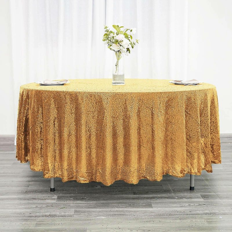 Gold Seamless Premium Sequin Round Tablecloth 108″  |   Sequin Sequin Gold