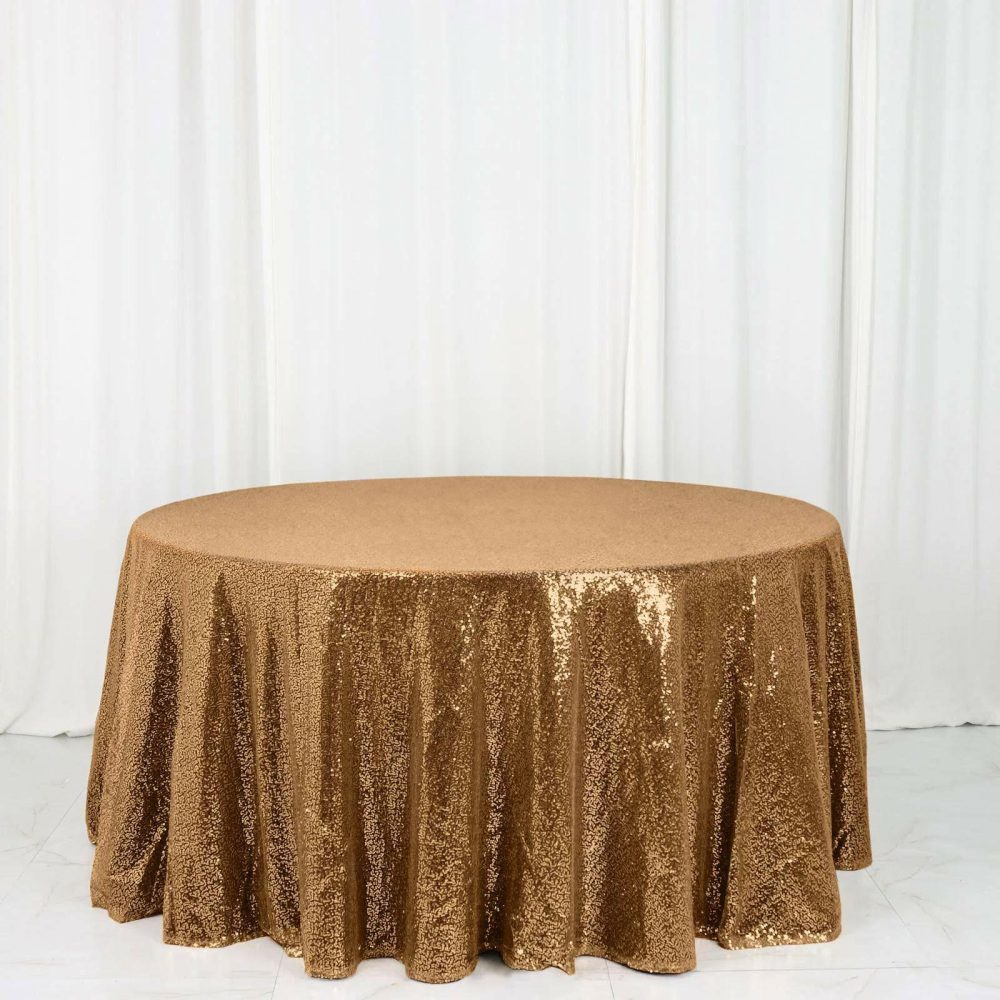 Gold Seamless Premium Sequin Round Tablecloth 120″ for 5 Foot Table With Floor-Length Drop  |   Sequin Sequin Gold