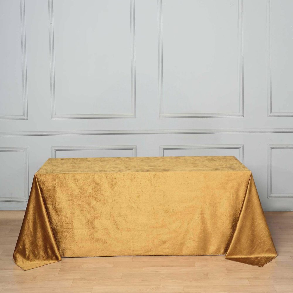 Gold Seamless Premium Velvet Rectangle Tablecloth, Reusable Linen 90″x132″ for 6 Foot Table With Floor-Length Drop  |   Velvet & Flocking Tablecloths Gold