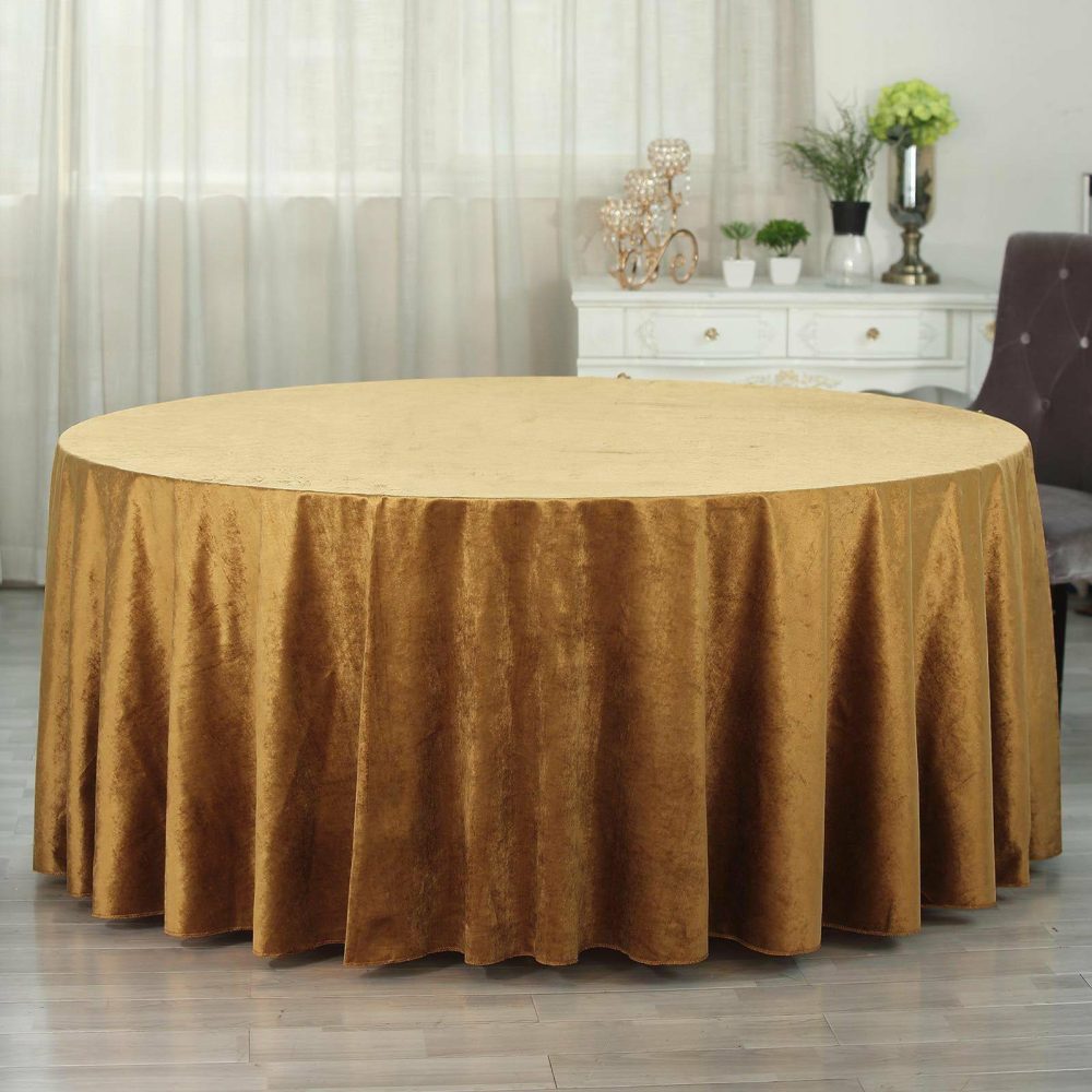 Gold Seamless Premium Velvet Round Tablecloth, Reusable Linen 120″ for 5 Foot Table With Floor-Length Drop  |   Velvet & Flocking Tablecloths Gold