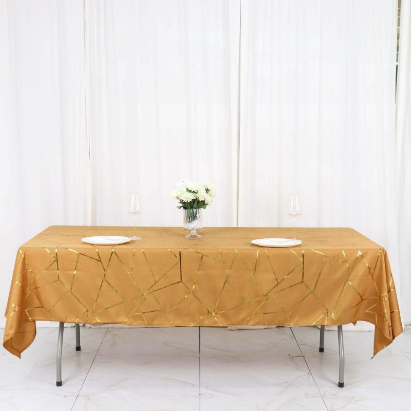 Gold Seamless Rectangle Polyester Tablecloth With Gold Foil Geometric Pattern 60″x102″  |   Polyester Polyester Gold