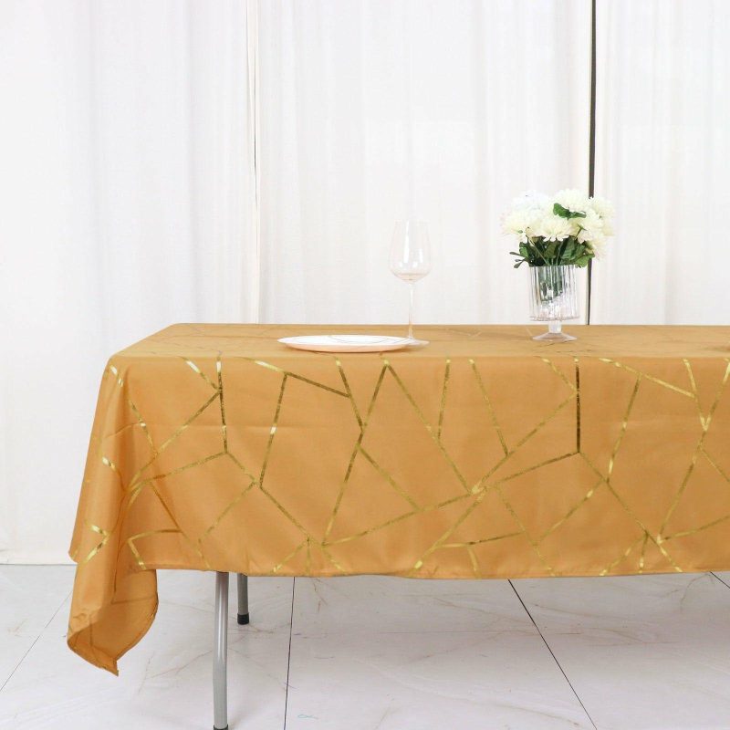 Gold Seamless Rectangle Polyester Tablecloth With Gold Foil Geometric Pattern 60″x102″  |   Polyester Polyester Gold