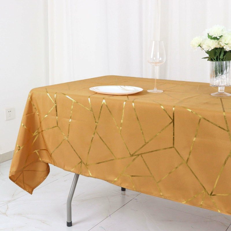 Gold Seamless Rectangle Polyester Tablecloth With Gold Foil Geometric Pattern 60″x102″  |   Polyester Polyester Gold