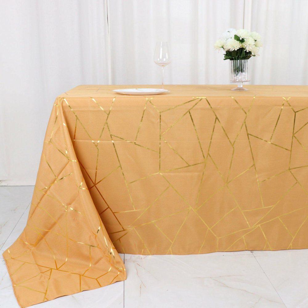 Gold Seamless Rectangle Polyester Tablecloth With Gold Foil Geometric Pattern 90″x132″ for 6 Foot Table With Floor-Length Drop  |   Polyester Polyester Gold