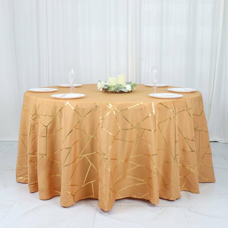 Gold Seamless Round Polyester Tablecloth With Gold Foil Geometric Pattern 120″ for 5 Foot Table With Floor-Length Drop  |   Polyester Polyester Gold