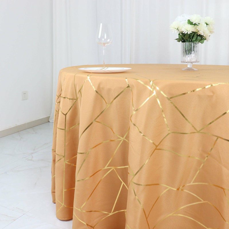 Gold Seamless Round Polyester Tablecloth With Gold Foil Geometric Pattern 120″ for 5 Foot Table With Floor-Length Drop  |   Polyester Polyester Gold