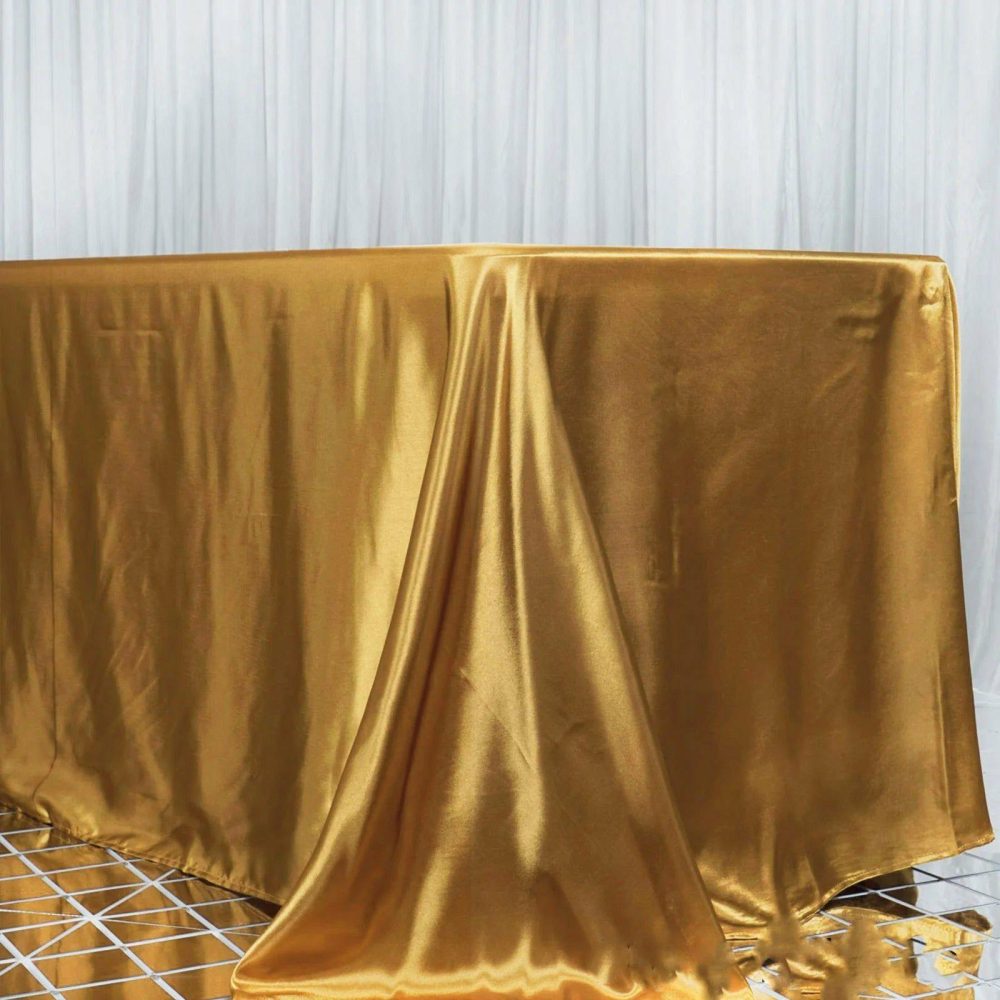 Gold Seamless Satin Rectangular Tablecloth 90″x156″ for 8 Foot Table With Floor-Length Drop  |   Satin Satin Gold