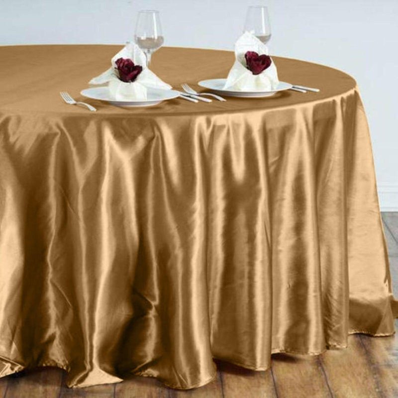 Gold Seamless Satin Round Tablecloth 108″  |   Satin Satin Gold