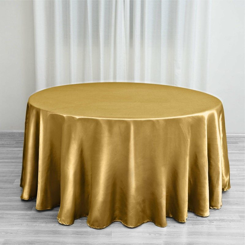 Gold Seamless Satin Round Tablecloth 120″ for 5 Foot Table With Floor-Length Drop  |   Satin Satin Gold