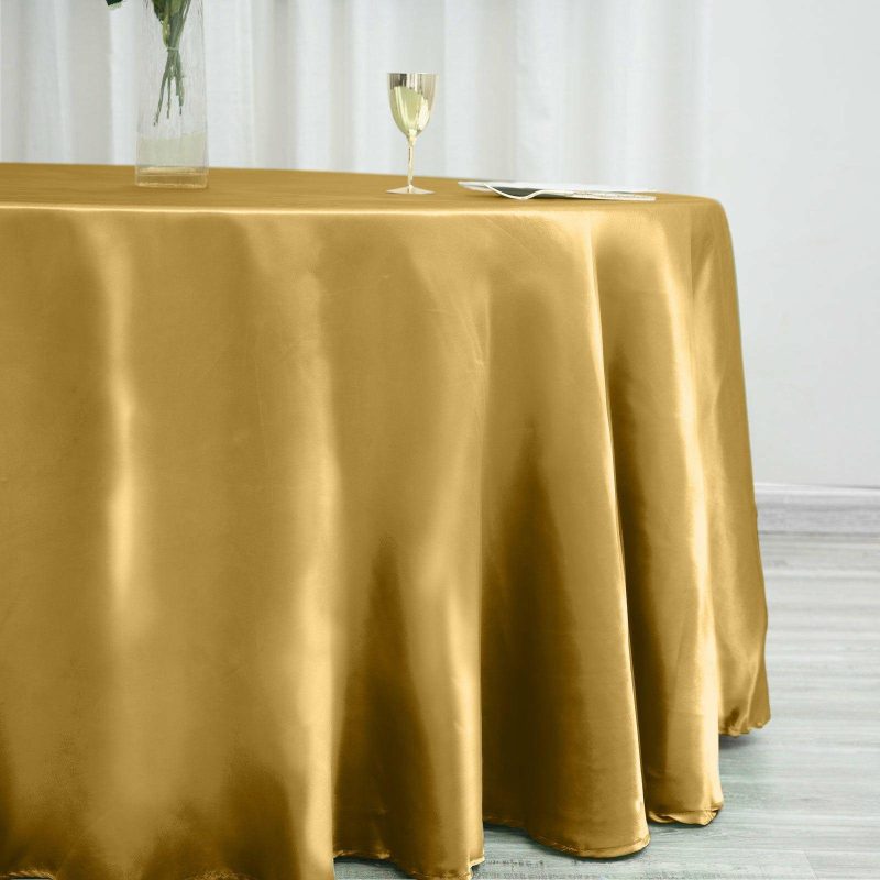 Gold Seamless Satin Round Tablecloth 120″ for 5 Foot Table With Floor-Length Drop  |   Satin Satin Gold