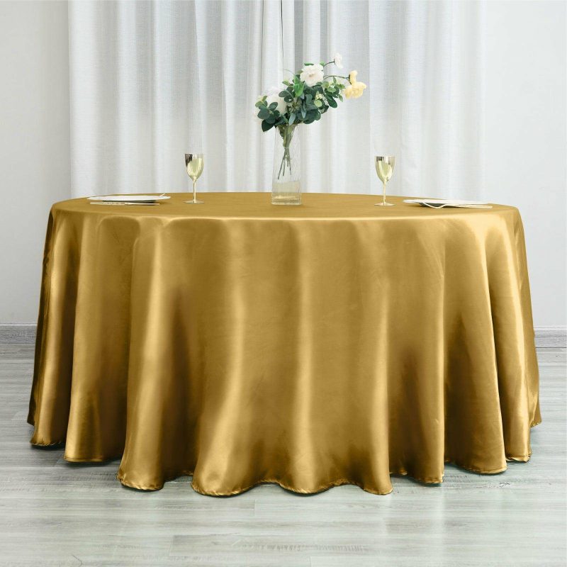 Gold Seamless Satin Round Tablecloth 120″ for 5 Foot Table With Floor-Length Drop  |   Satin Satin Gold