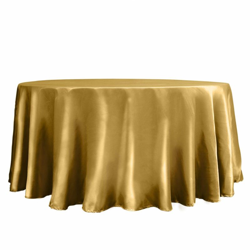 Gold Seamless Satin Round Tablecloth 120″ for 5 Foot Table With Floor-Length Drop  |   Satin Satin Gold