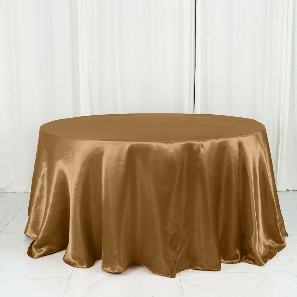 Gold Seamless Satin Round Tablecloth 132″ for 6 Foot Table With Floor-Length Drop  |   Satin Satin Gold