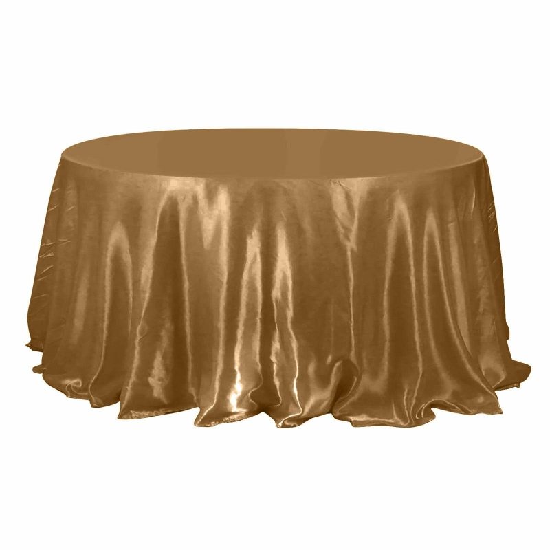 Gold Seamless Satin Round Tablecloth 132″ for 6 Foot Table With Floor-Length Drop  |   Satin Satin Gold