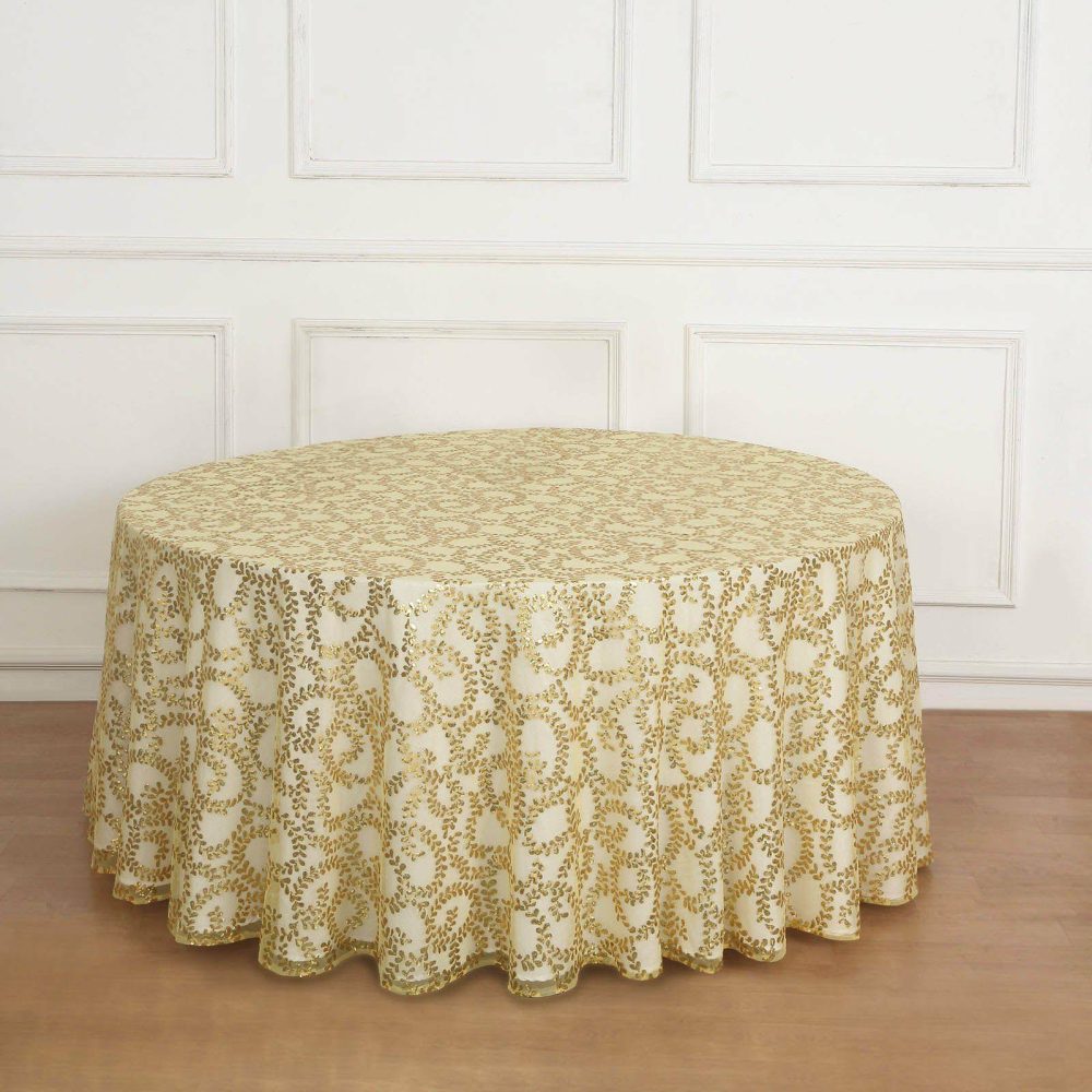 Gold Sequin Leaf Embroidered Seamless Tulle Round Tablecloth, Sheer Table Overlay 120″ for 5 Foot Table With Floor-Length Drop  |   Sequin Sequin Gold