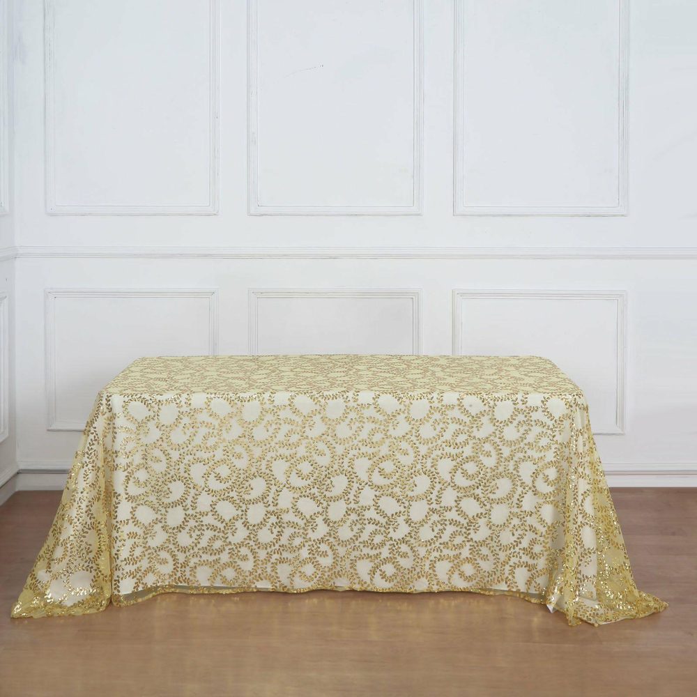 Gold Sequin Leaf Embroidered Tulle Rectangular Tablecloth 90″x156″ for 8 Foot Table With Floor-Length Drop  |   Sequin Sequin Gold