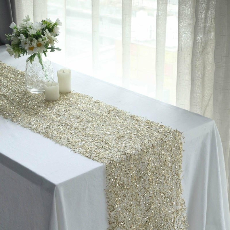 Gold Sequin Mesh Schiffli Lace Table Runner, Sparkly Party Table Decoration 12″x108″  |   Stylish Stylish Gold