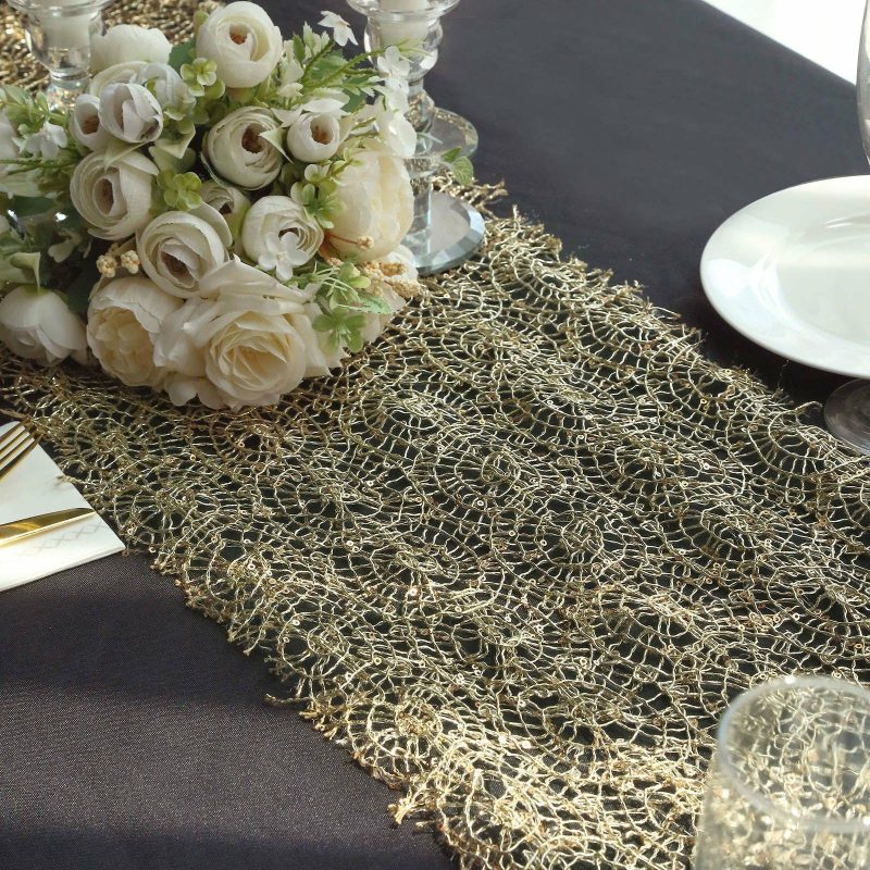 Gold Sequin Mesh Schiffli Lace Table Runner, Sparkly Party Table Decoration 12″x108″  |   Stylish Stylish Gold