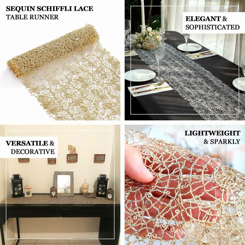 Gold Sequin Mesh Schiffli Lace Table Runner, Sparkly Party Table Decoration 12″x108″  |   Stylish Stylish Gold