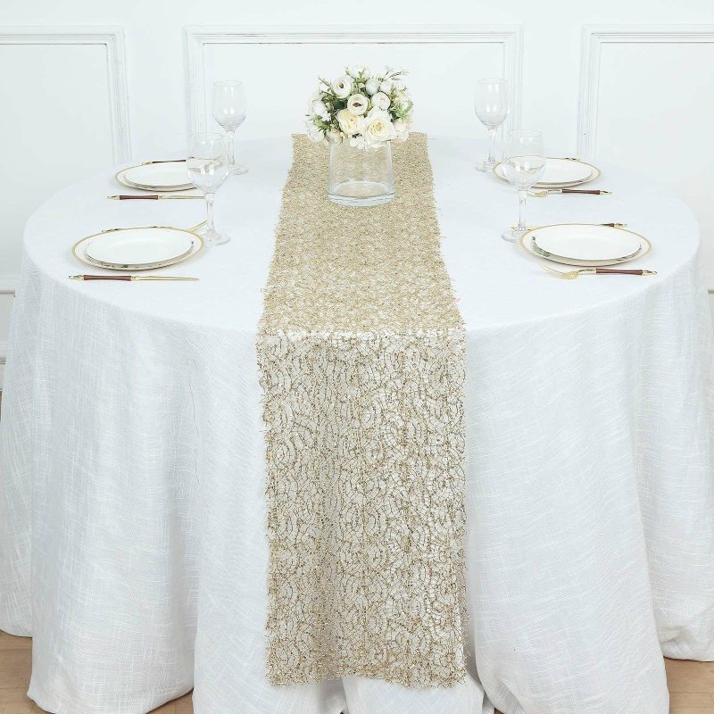 Gold Sequin Mesh Schiffli Lace Table Runner, Sparkly Party Table Decoration 12″x108″  |   Stylish Stylish Gold