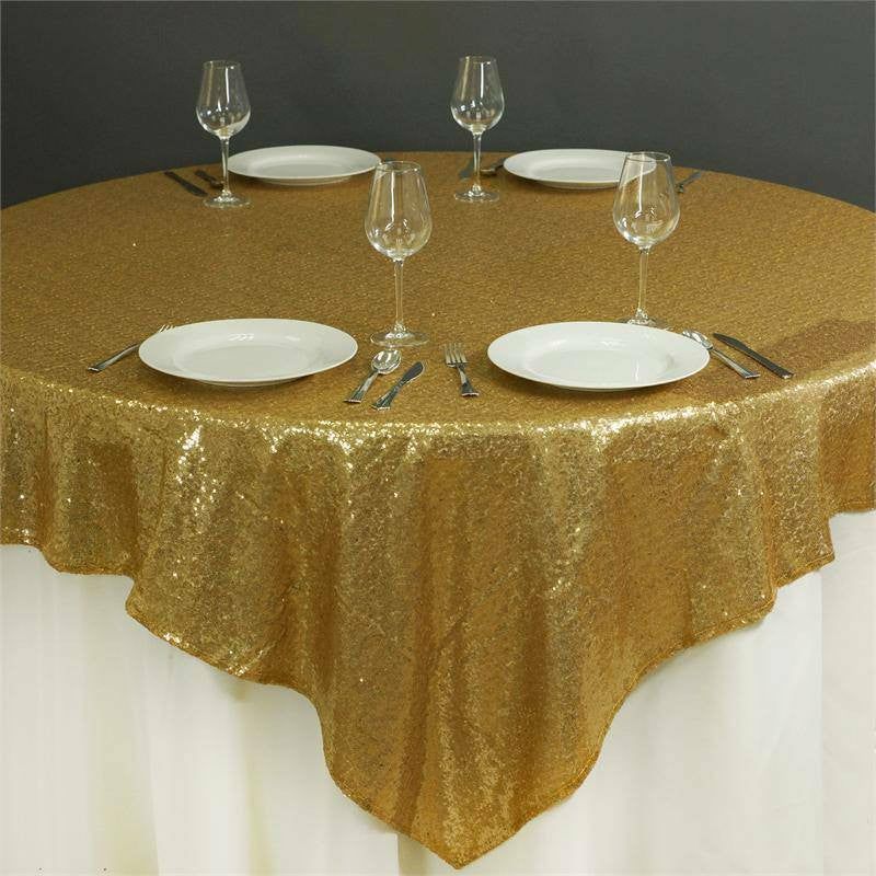 Gold Sequin Sparkly Square Table Overlay 72″x72″  |   Sequin Sequin Gold