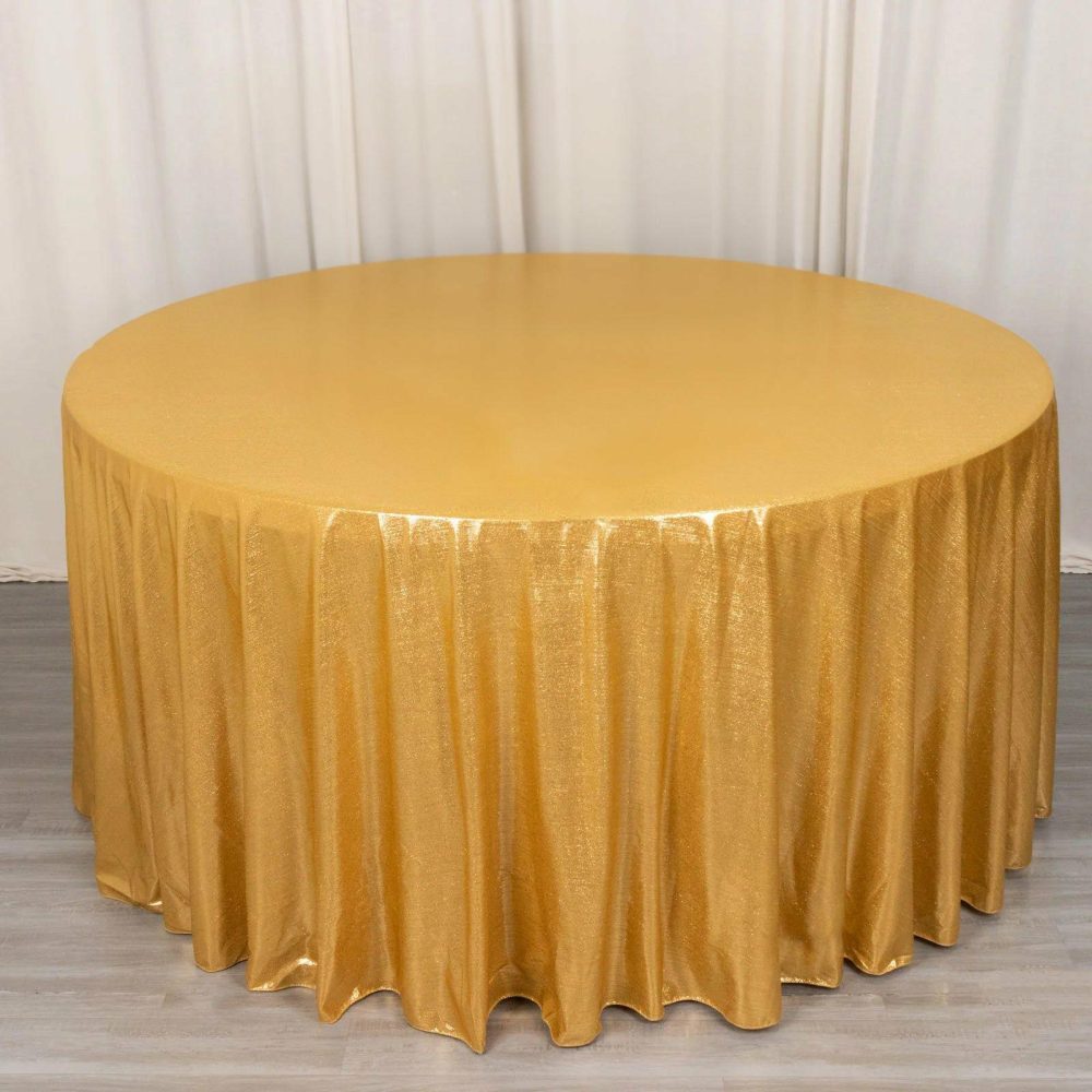 Gold Shimmer Sequin Dots Polyester Tablecloth, Wrinkle Free Sparkle Glitter Tablecover 120″ for 5 Foot Table With Floor-Length Drop  |   Sparkly Shimmer Sparkly Shimmer Gold