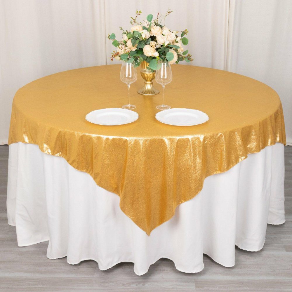 Gold Shimmer Sequin Dots Square Polyester Table Overlay, Wrinkle Free Sparkle Glitter Table Topper 72″x72″  |   Sparkly Shimmer Sparkly Shimmer Gold