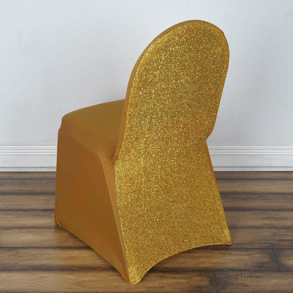 Gold Spandex Stretch Banquet Chair Cover, Fitted with Metallic Shimmer Tinsel Back  |   Spandex Fitted Banquet Chair Covers Gold