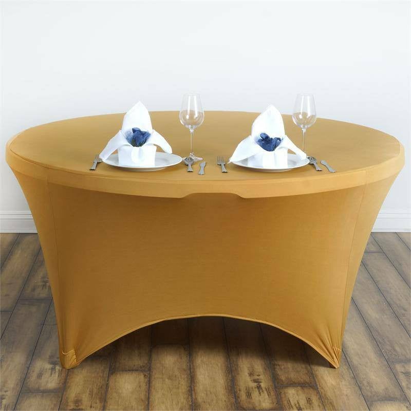 Gold Stretch Spandex Fitted Round Tablecloth 60 in for 5 Foot Tables  |   Spandex & Fitted Spandex & Fitted Gold